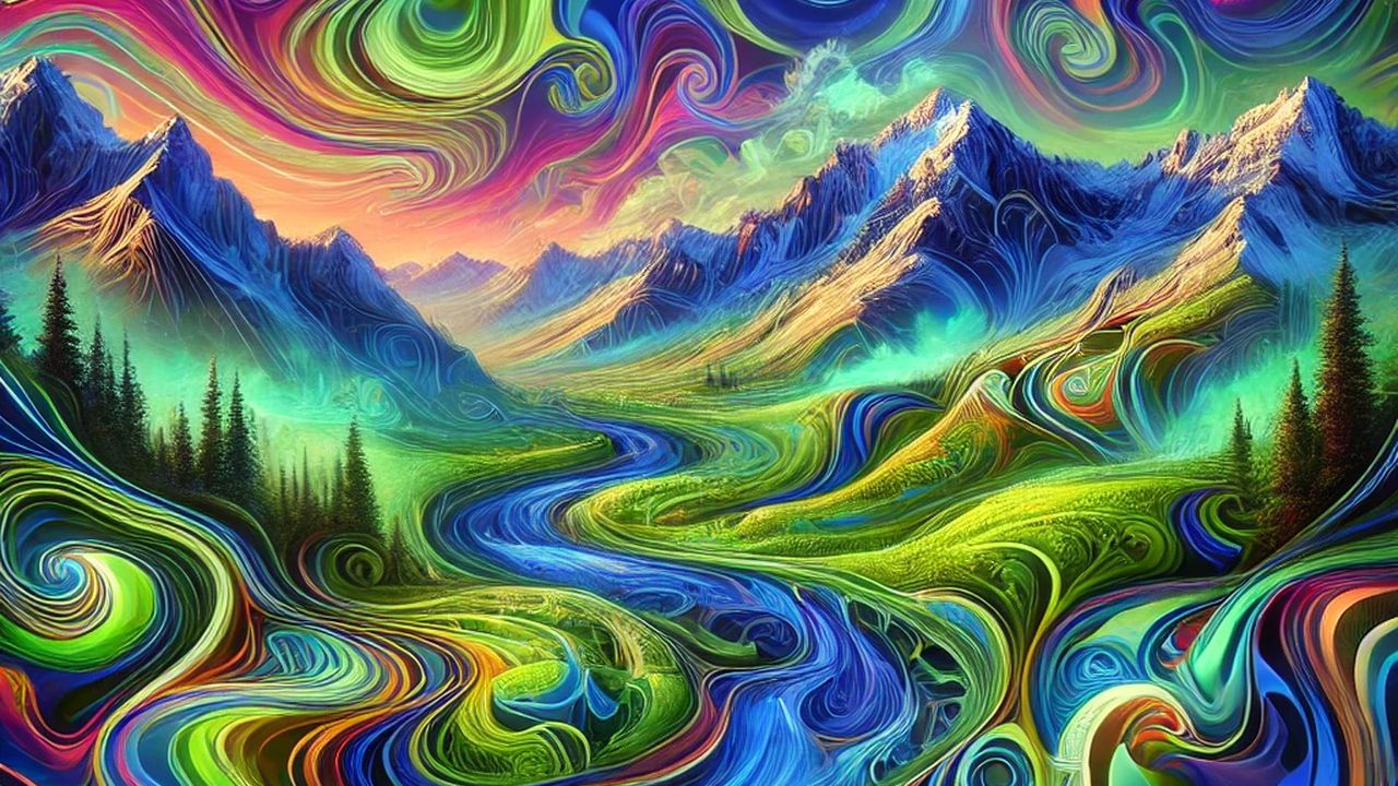 人工智能 相關配圖：DALL·E 2024-10-28 15.45.39 - An abstract, psychedelic-inspired image representing Alaska's landscape, with a…